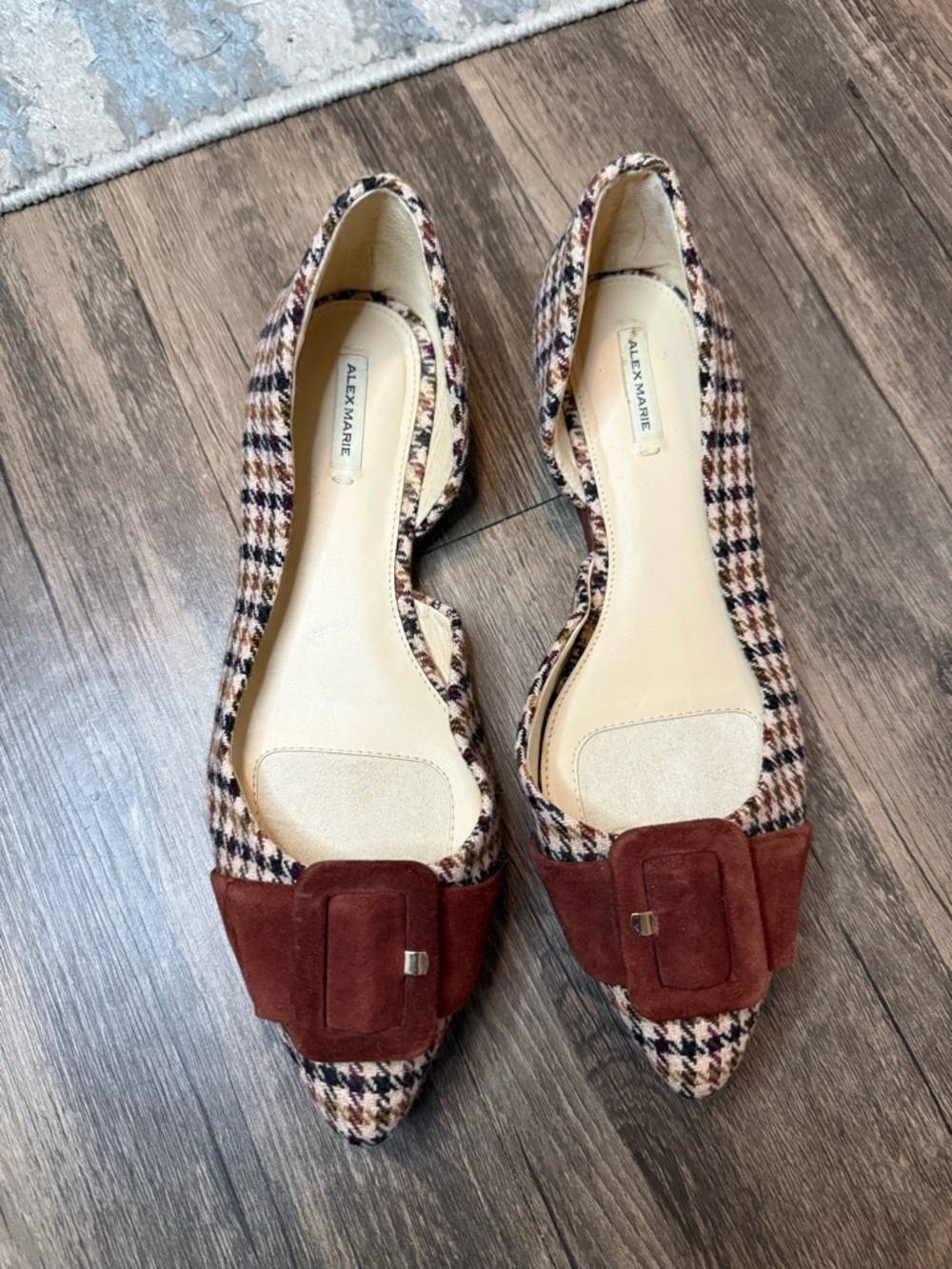 Alex Marie Plaid Pointed-Toe Flats with Rust Suede Buckle